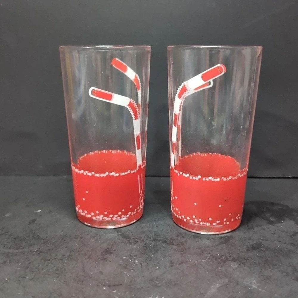 Retro Diner‎ Drinking Glasses, Set of 2, Red Straws Design, Vintage Tumblers